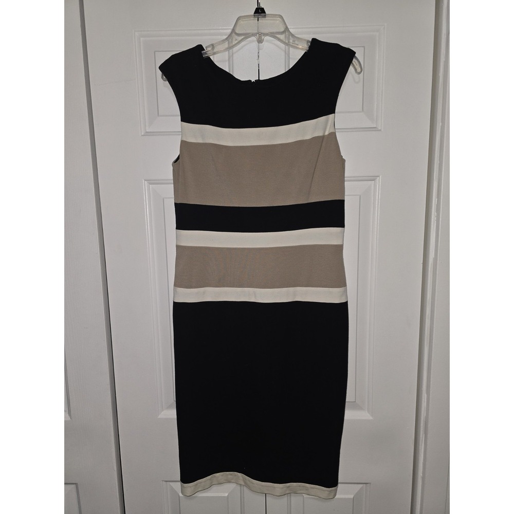 White House Black Market Sheath Dress Womens 10 Black Tan Striped Colorblock Mod